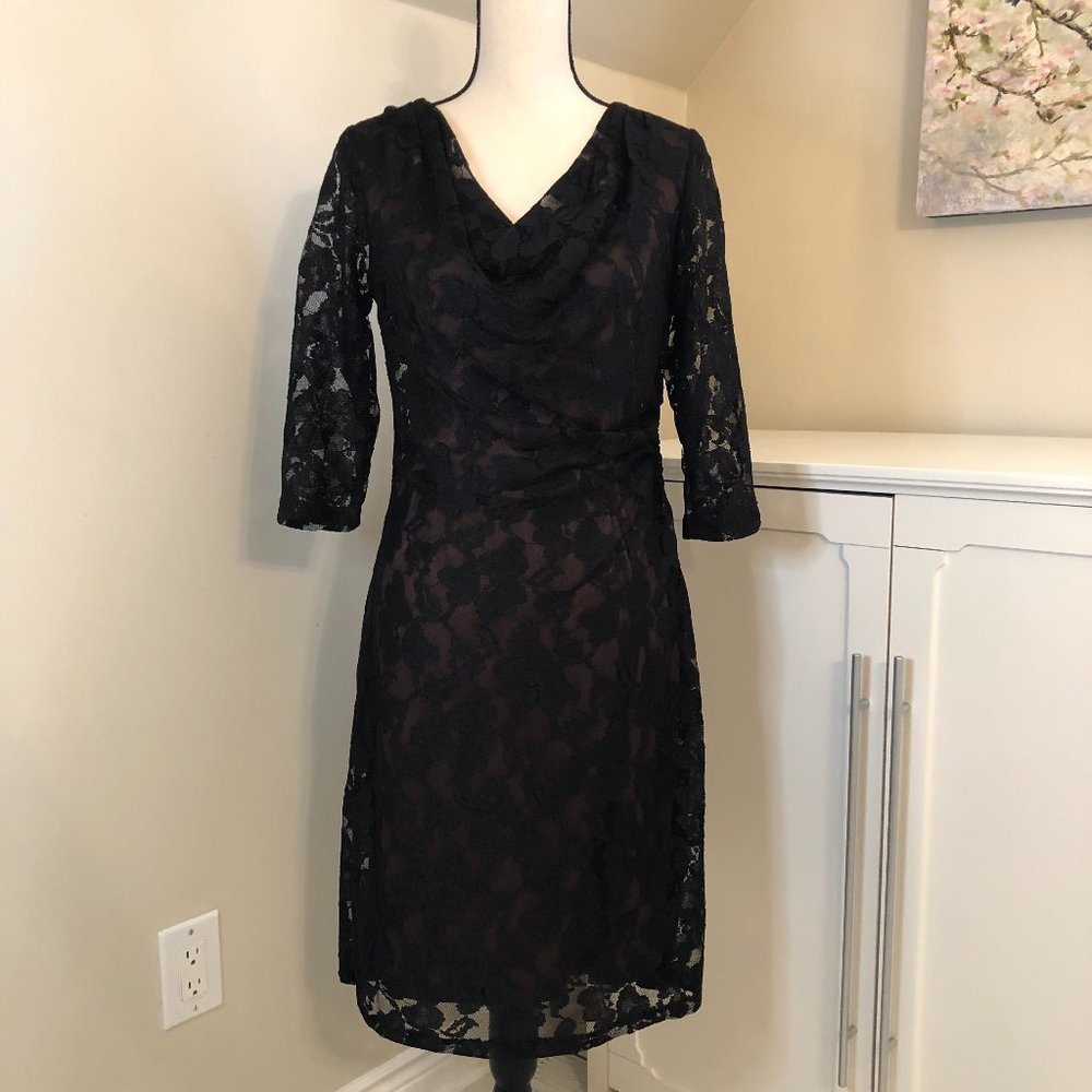 Coldwater Creek Black Lace Dress with 3/4 Sleeves, Size 10 Petite